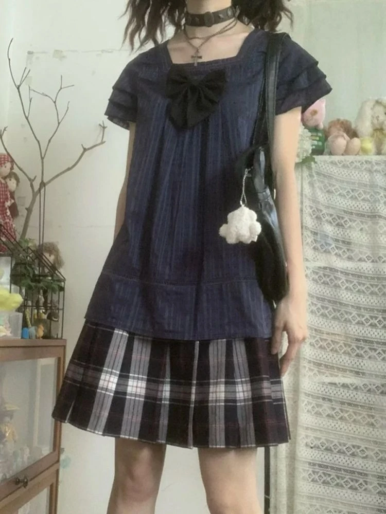 Vintage Japanese Style Two Piece Set Women Casual Short Sleeve Bow Square Neck Top + Pleated Mini Skirt Harajuku Streetwear