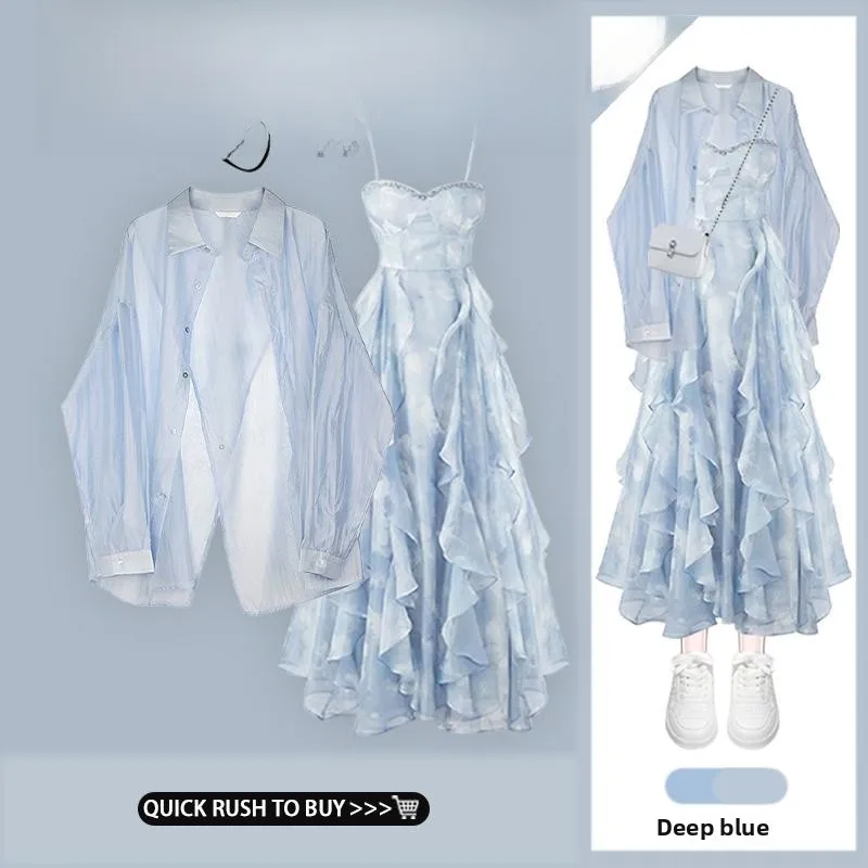 

Blue Thin Asymmetrical Design Shirt Loose Fairy Style Dress Set Women's Fashion Spring Collection Two-Piece Suit Casual Wear