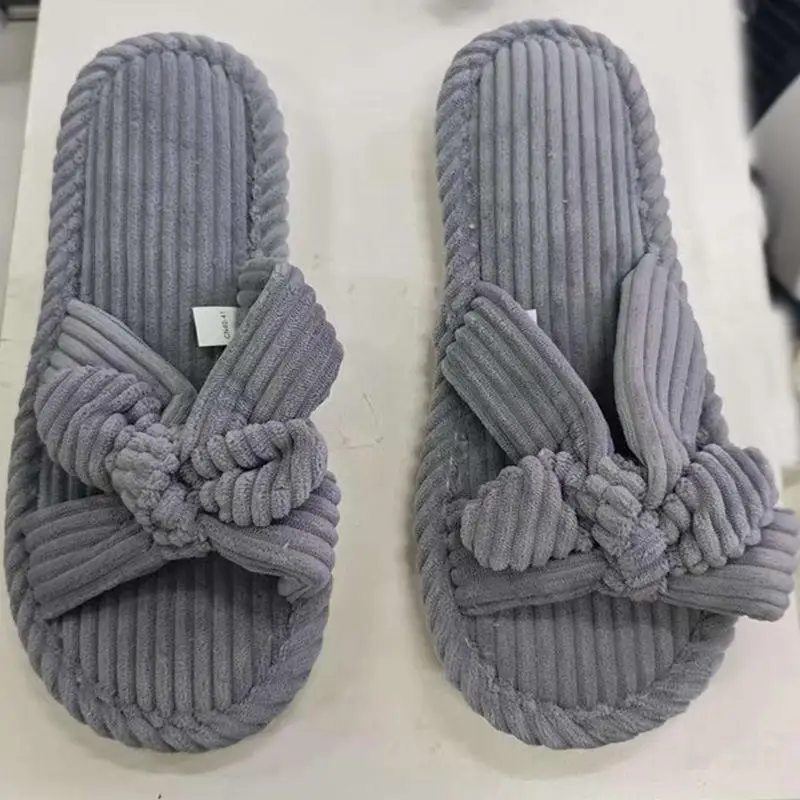 2026 Winter Süße Schleifenknoten-Hausschuhe für Damen, Trendige Cord-Baumwoll-Pantoffeln, EVA Rutschfeste Wohnzimmer-Schuhe, Flach – Detail 11