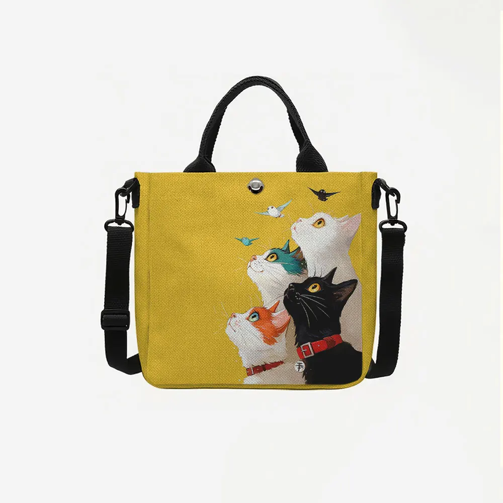 Yellow Background Cats Watching Birds Print Tote Bag, Detachable Strap Crossbody Handbag For Daily Work Shopping
