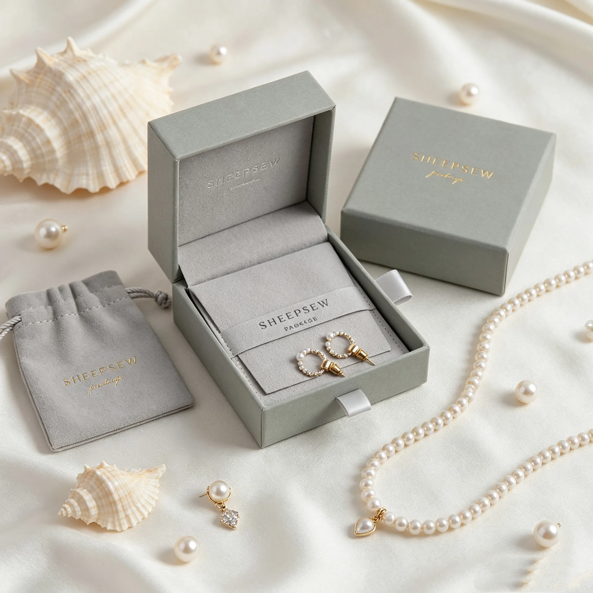 SheepSew Wholesale Luxury Printed Logo Paper Drawer Jewelry Boxes With Microfiber Storage Pouches Custom Logo Bulk Fine Jewelry
