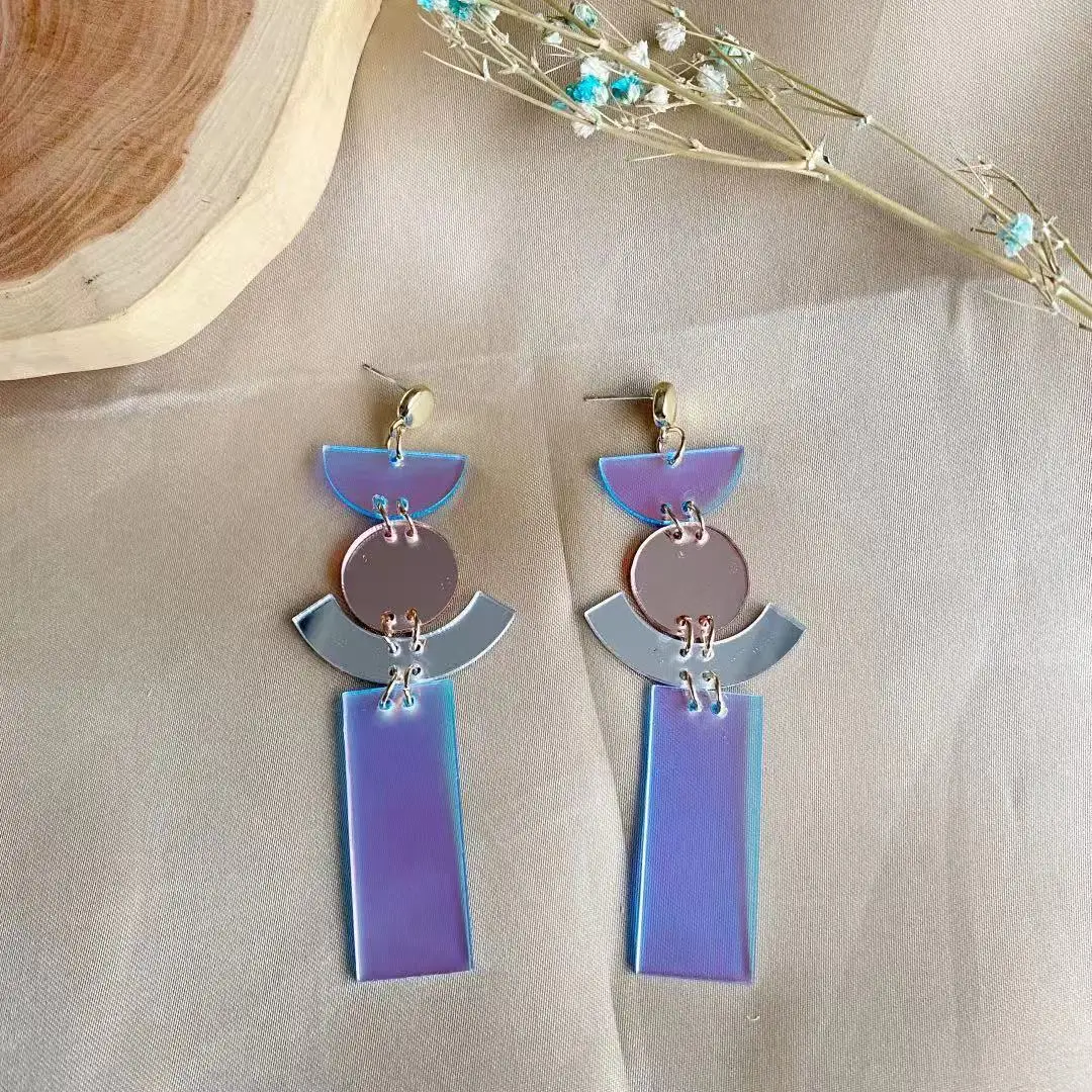 New Laser Iridescent Acrylic Long Geometric Earrings for Women Girls New Rectangle Round Moon Drop Earring Fashion Party Jewelry