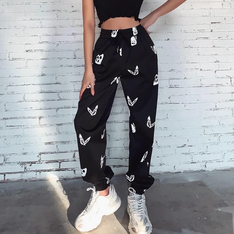 

2024 Ladies New Pants Bowknot Printed High Waist Loose Trendy Sports Casual Black Pants Y2k Pants Plus Size Clothes