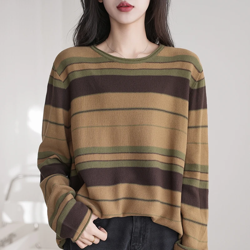 

Женский пуловер с круглым вырезом из 100% чистого хлопка, осенне-зимний повседневный полосатый вязаный свитер, модный и мягкий женский топ