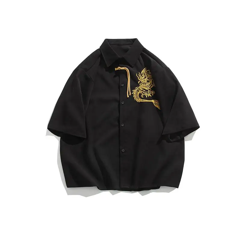 2025 Summer Chinese Dragon Embroidered Shirt Trendy Casual Short Sleeve Tops for Men Breathable Blend Fashion Clothing for Man