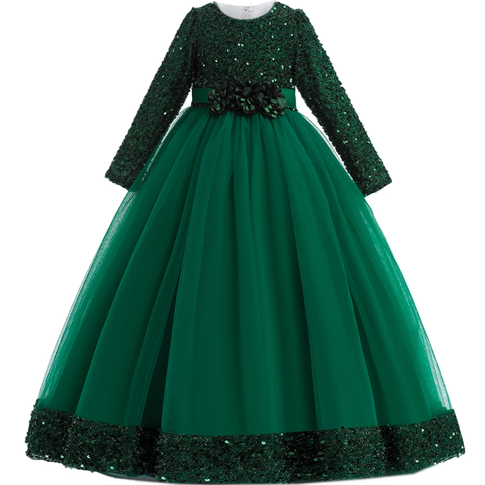Delicate sequined girls' bridesmaid party dress, long-sleeved mesh princess dress, children's graduation party performance dress