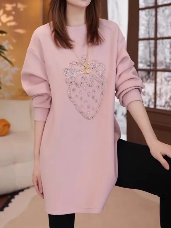 

Strawberry Rhinestone Sweatshirt Extra Large Size Loose Bottom Cover up mid Length Base Shirt Korean Style round Neck Long Sl...