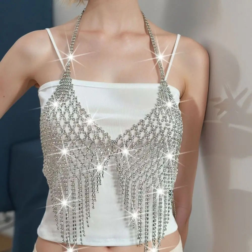 

Sparkling Rhinestone Chest Chain Luxury Mesh Fashion Tassel Bra Chain for Crop Top Hollow Tassel Charm Body Chain Jewelry