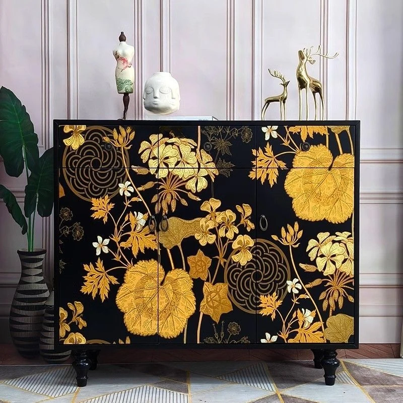 

Chinese solid wood shoe cabinet, light luxury black gold lace chest cabinet, storage locker in the foyer, French retro living