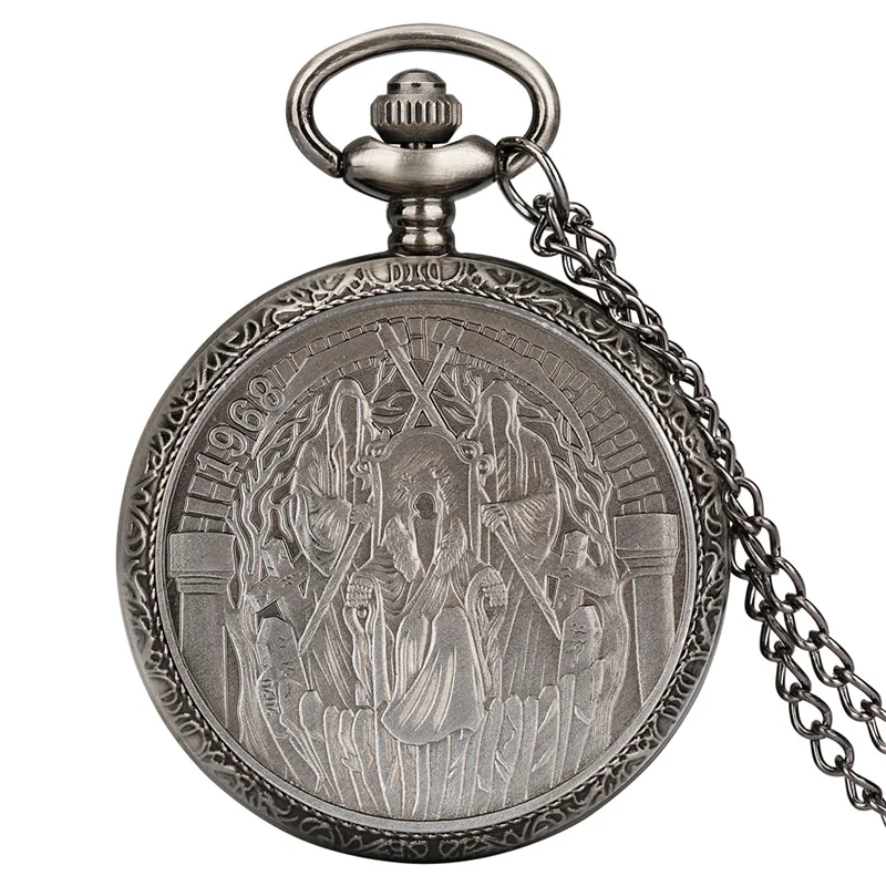 

Steampunk Pocket Watch Engraved 1968 Character Design Full Hunter Quartz Clock with Necklace Chain for Men Women Arabic Number