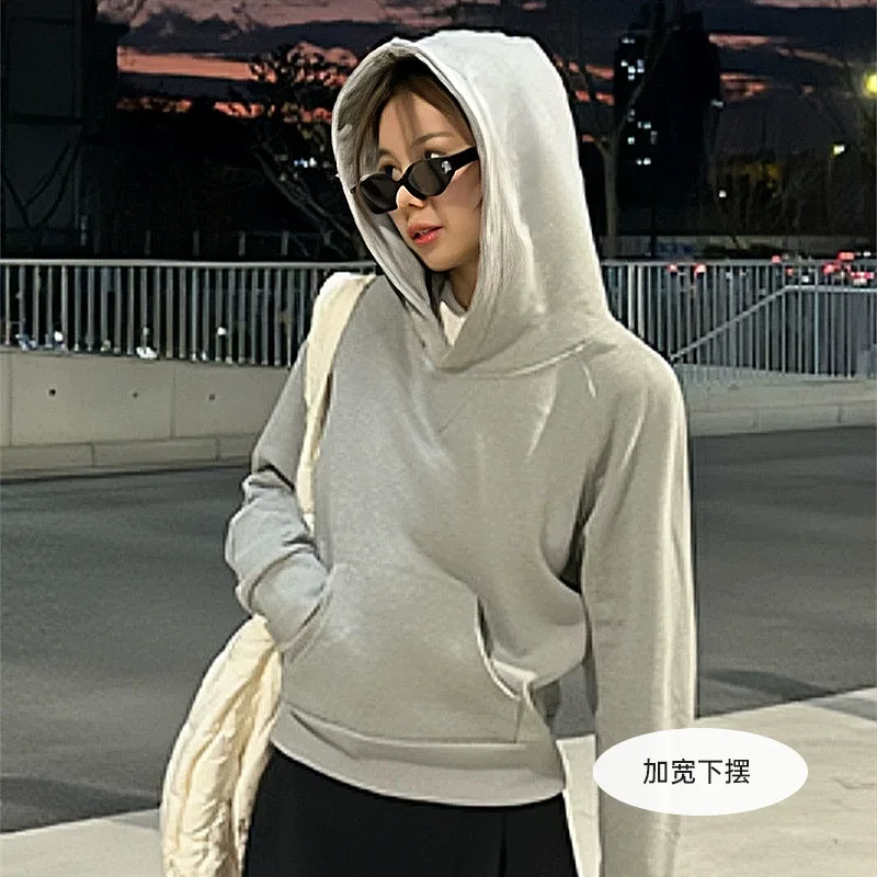 Grey Short Hooded Sweater 2025 Autumn and Winter Plus Velvet Loose Hoodie Women's Blouse