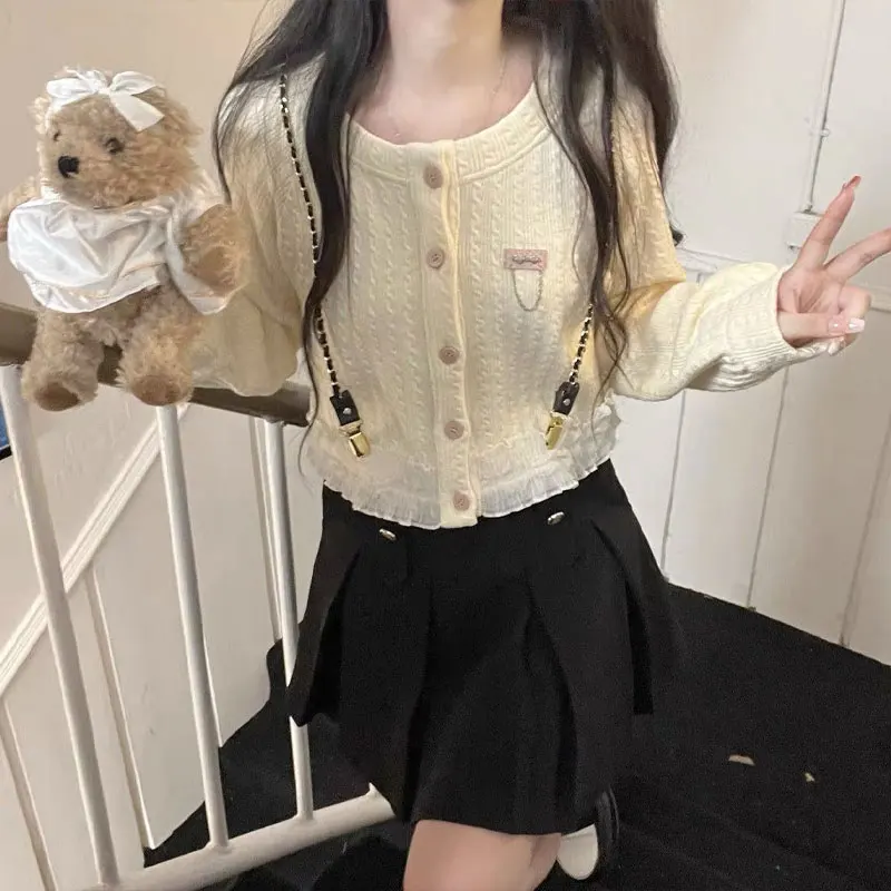 

Japan Style Fashion Lace Spliced Cardigan Spring Autumn Sweet O-Neck Female Clothing Casual Solid Color Loose Knitted Sweaters