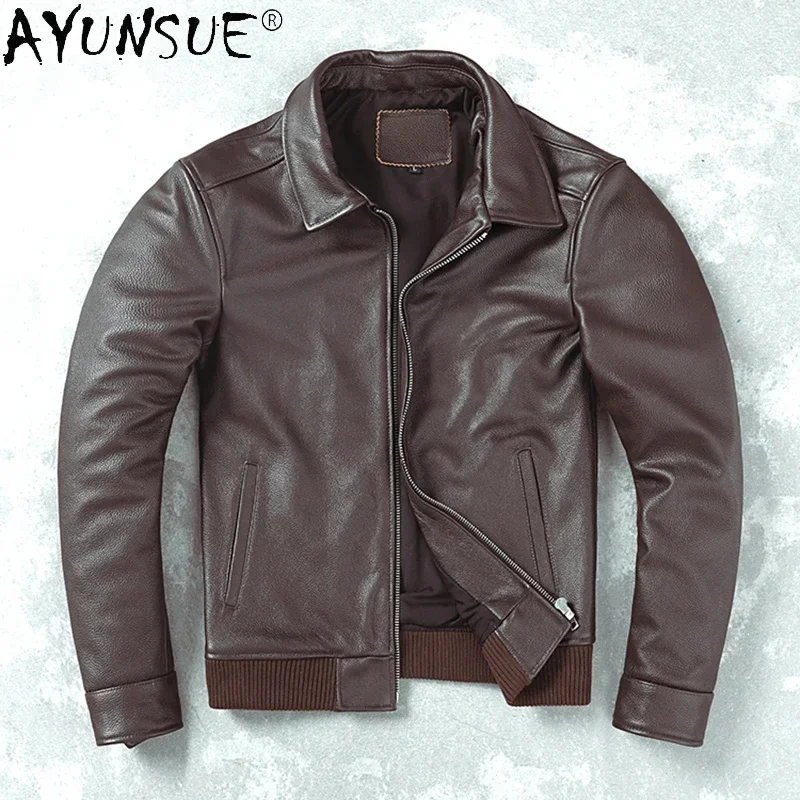 

Genuine AYUNSUE Jacket Men Vintage Natural Cowskin Coat Spring Autumn Mens Leather Casual Jackets Brown Chaquetas Hombre