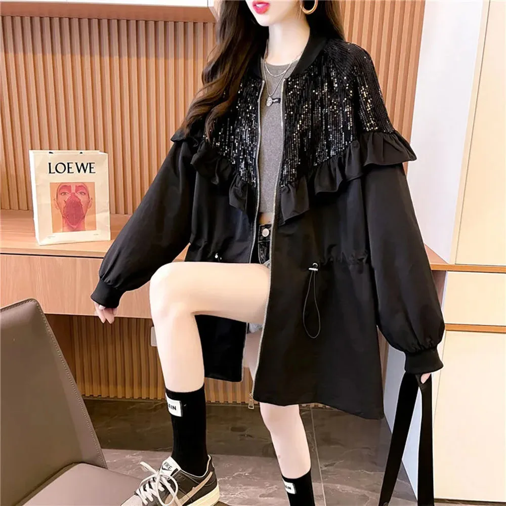 Fashion Sequin Jackets For Womens Spring Autumn Ruffles Coat Female Clothing Casual Drawstring Windbreaker Black Streetwear Tops