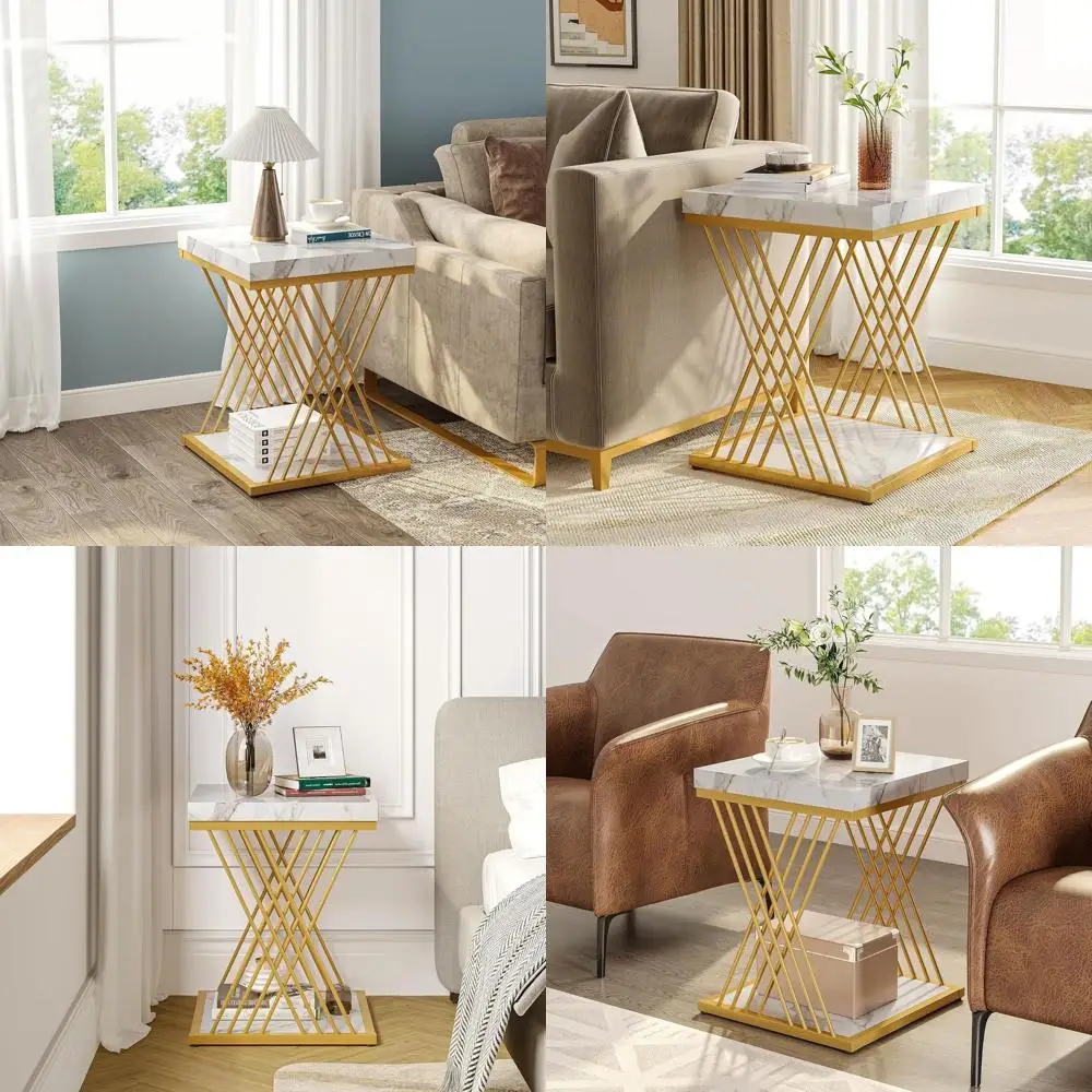 

Современный бело-золотой двухъярусный приставной столик с местом для хранения, столешница из искусственного мрамора для гостиной