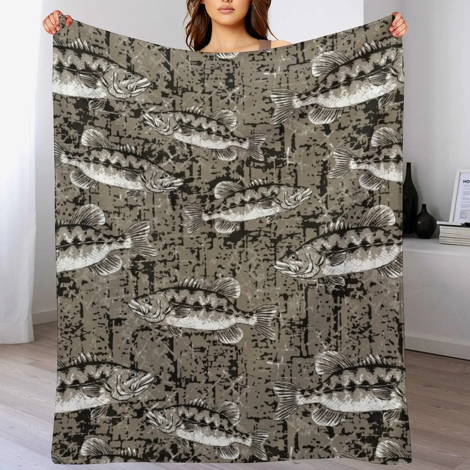 Monochromatic Largemouth Bass Camo Pattern - Bark Brown Throw Blanket Multi-Purpose Sofa Blankets