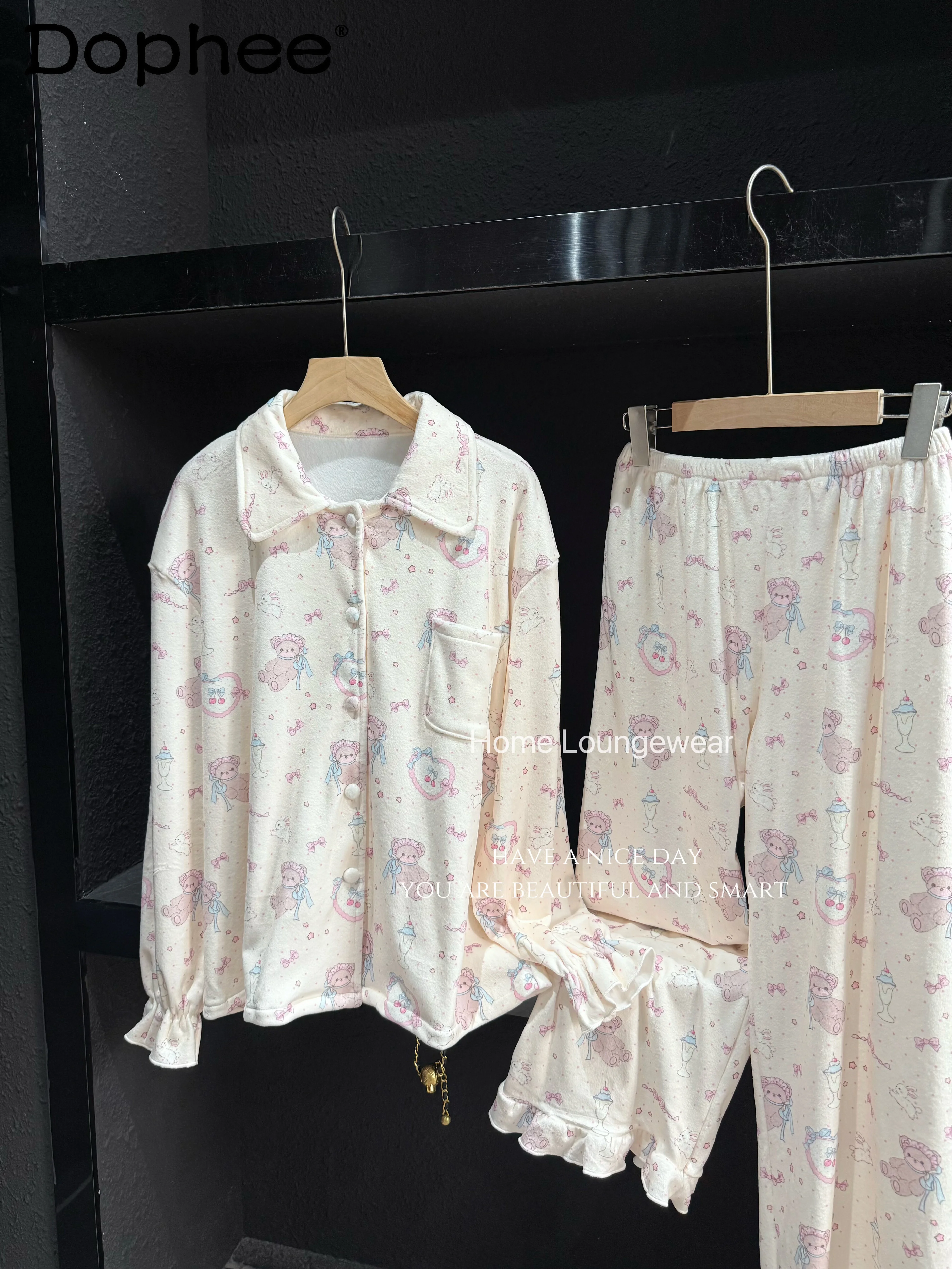 

2025 New Women's Pajamas Autumn Winter Japanese Style Ins Sweet Cute Thin Velvet Casual Soft Wearable Homewear Set