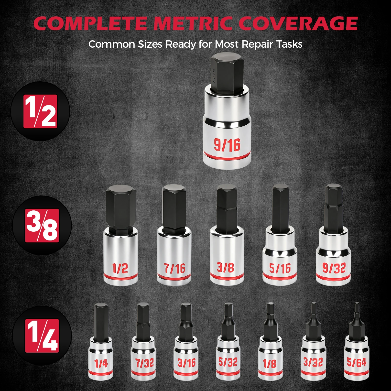 SEDY 16Pcs SAE Hex Bit Socket Set S2 Steel Bits CR-V Sockets 1/4