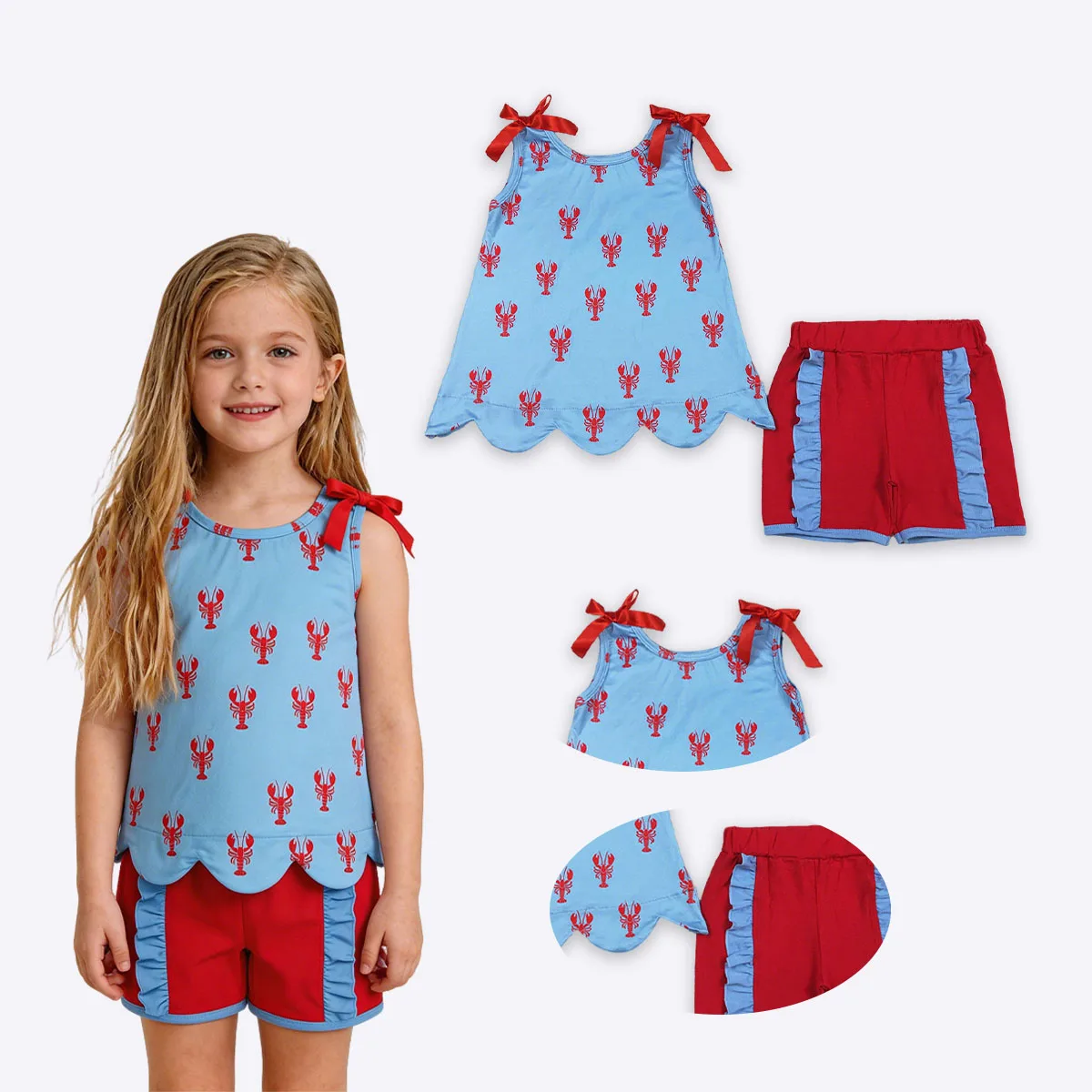 

Toddler Baby Girl Sleeveless Crayfishes Tunic Tops Ruffle Shorts Kids Children Summer Sets Clothes Boutique Clothing Wholesale