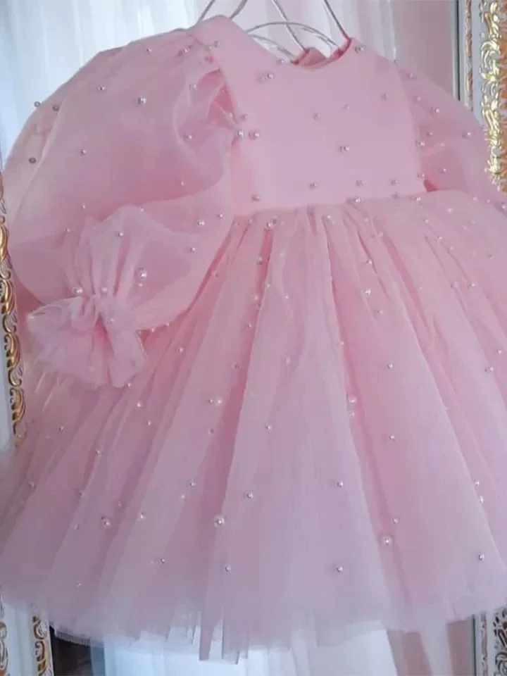 Luxury Pearls Flower Girl Dress Puff Girls Party Dresses for Wedding Short Sleeves Tulle Kids Christmas Ceremonial Dress