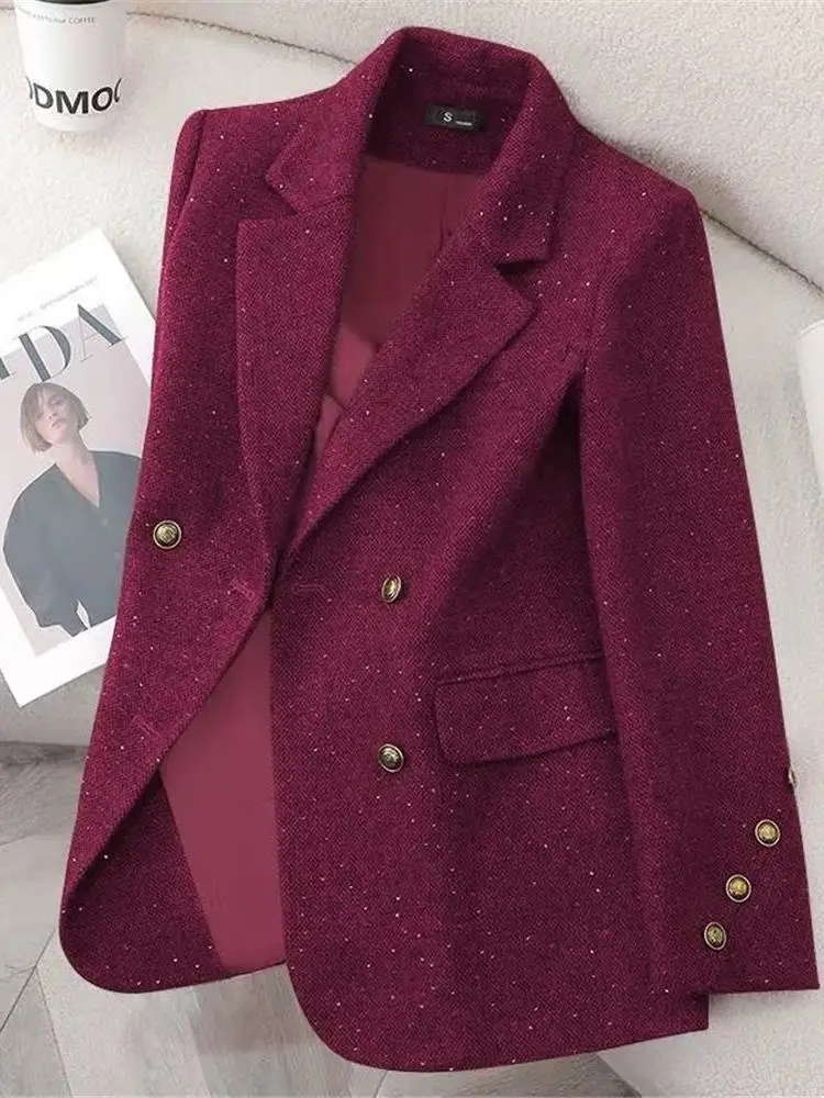 Красный приталенный повседневный модный маленький костюм, двубортный весенне-осенний профессиональный корейский костюм Long Sve, офисная одежда