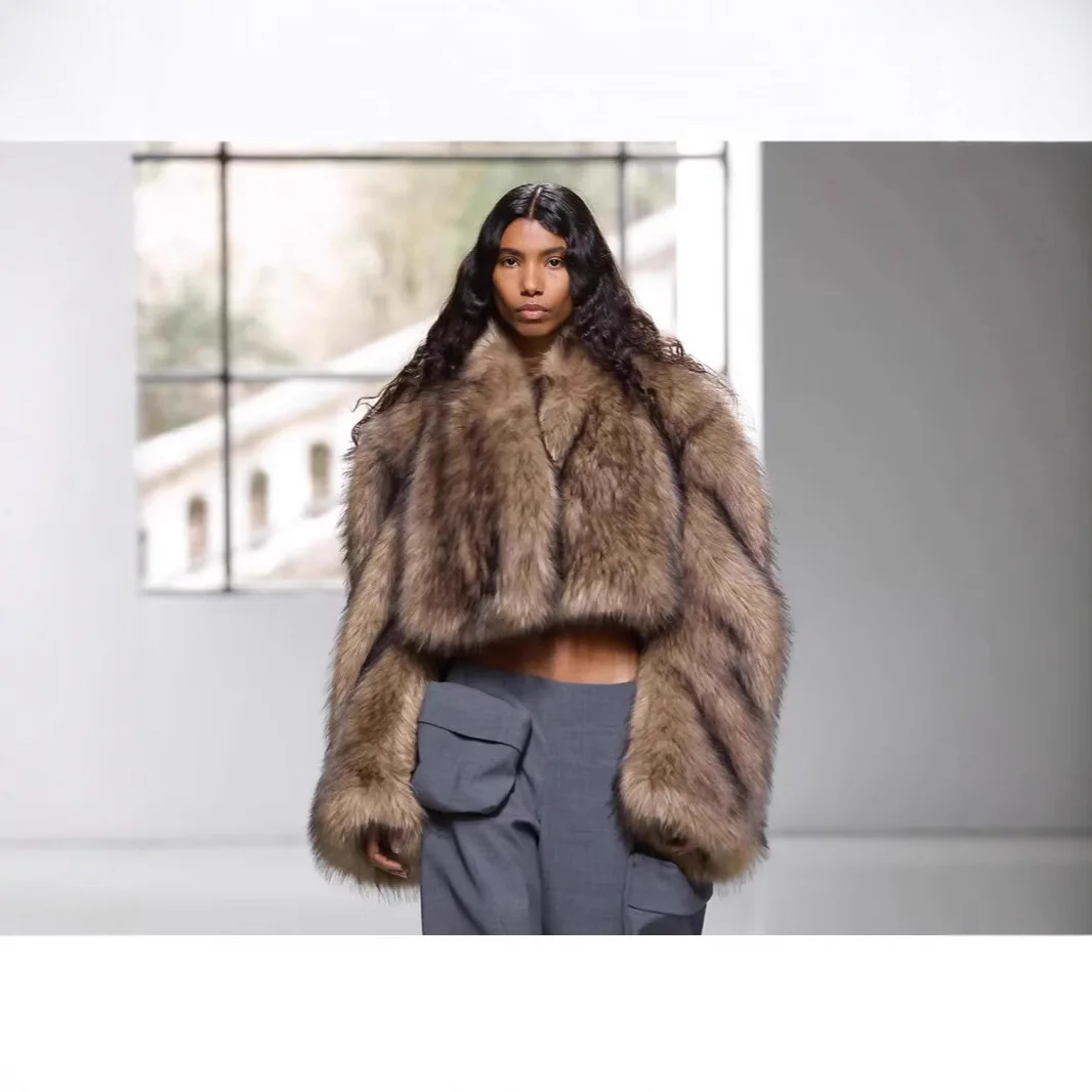 Übergroße frauen Winter Eco Pelzmantel Farbverlauf V-ausschnitt Einreiher Dame Pelzmantel Highstreet Plüsch Min Pelz Jacke Für Weibliche