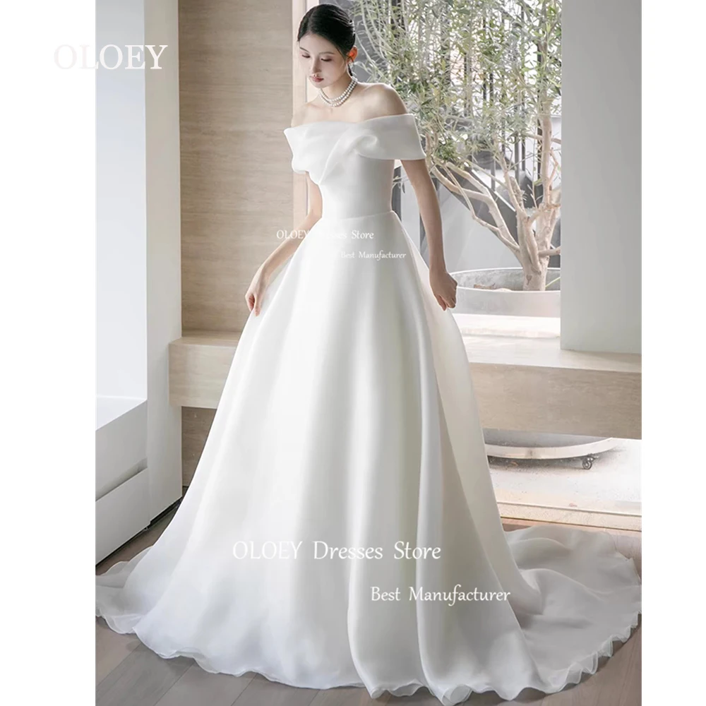 OLOEY Elegant Ivory Off Shoulder A Line Wedding Dress Korea Photoshoot Short Sleeves Floor Length Bridal Gown Silky Organza