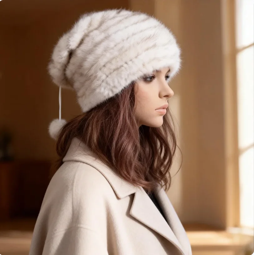 

Women's Winter Real Mink Fur Hat Loose Long Vintage Style Hat Warm Cozy Retro Cap for Ladies