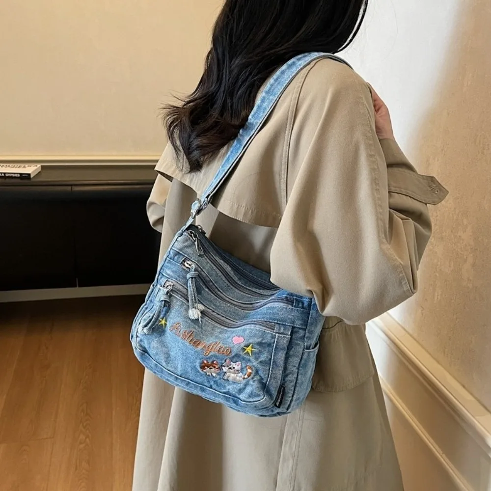 Fabric Denim Crossbody Bag Washed Adjustable Strap Cat Embroidery Shoulder Bag Cartoon Lightweight Messenger Bag Outdoor Use