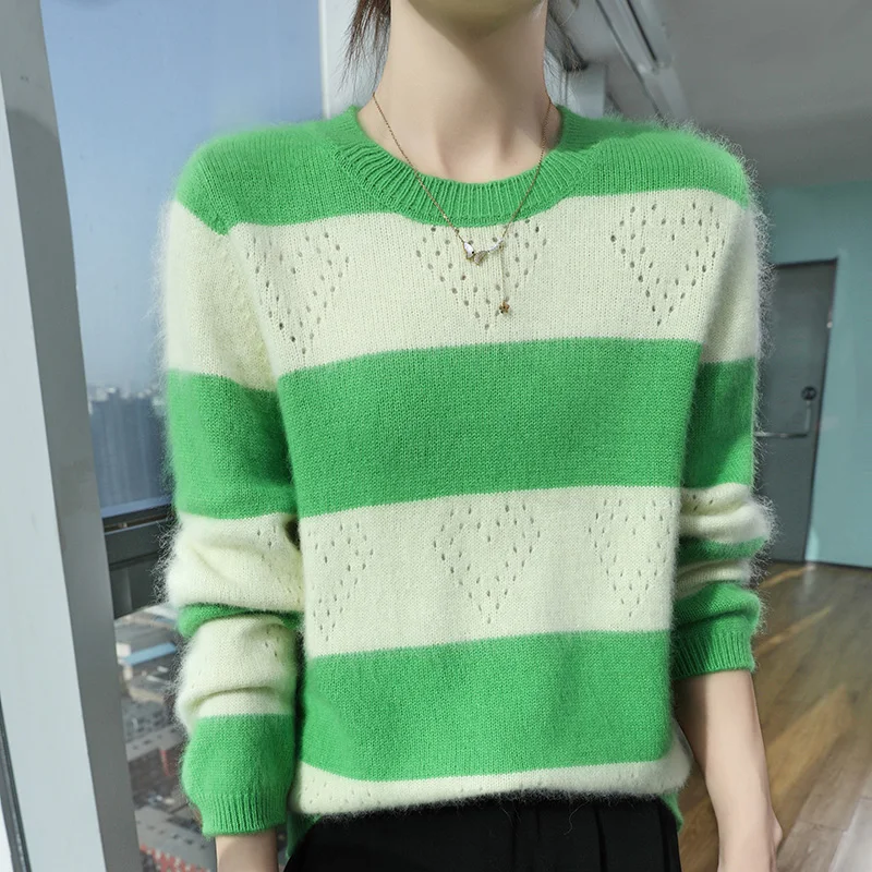 100% Pure Mink Cashmere Knitted Sweater Women's O-Neck Loose Color Matching Pullovers Fashion Thicken Hollow Blouse 2025 Autumn