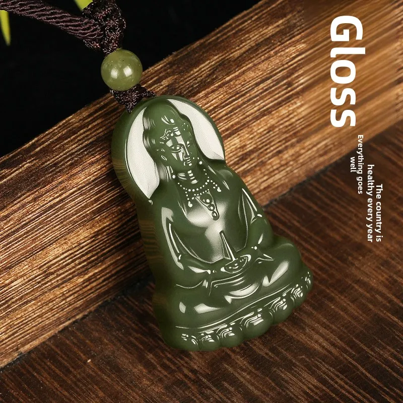 Chinese Style Natural Hetian Jade Lake Green Guanyin Pendant Necklace Lucky Blessing Peace Amulet Unisex Jade Jewelry For Good