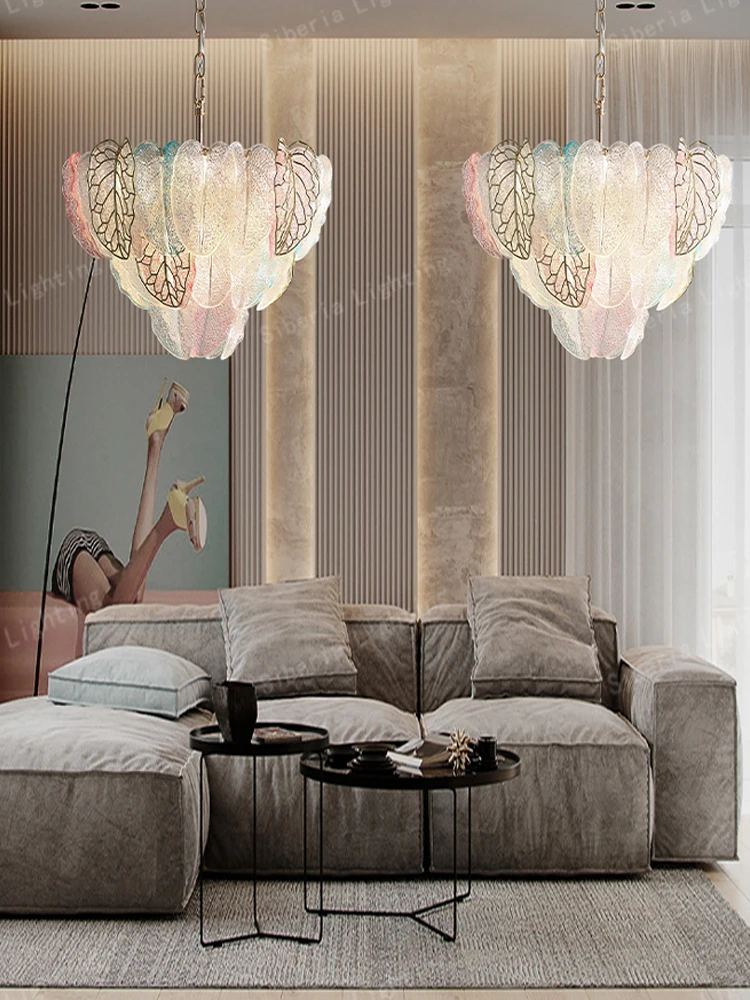 Pink Blue Delicate Leaf Vein Glass Hanging Lamp for Ceiling Led Home Decor Pendant Lights Living Room Chandelier Romantic Lustre