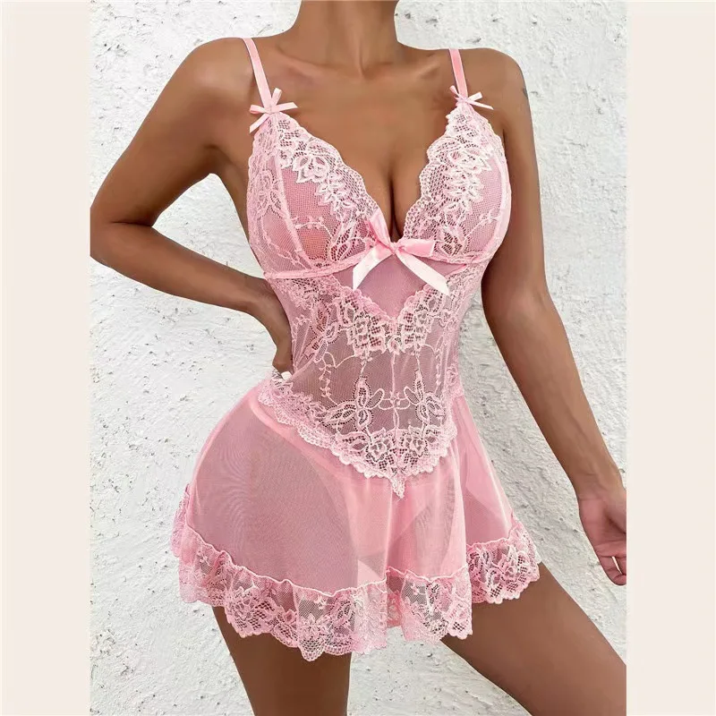 Erotic Lingerie Women Lace Hollow Bra Set Erotic Costumes Teddy Baby Doll Dress Deep V Open Bra Porn  Dress Underwear