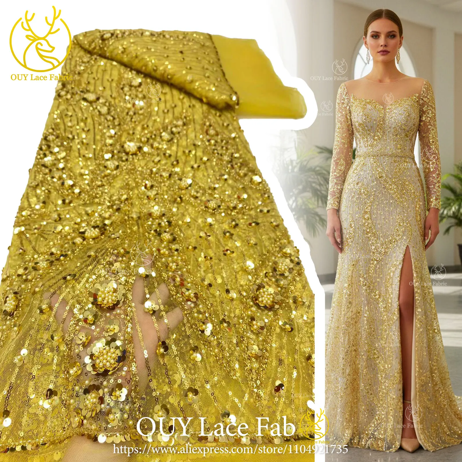 

Golden Luxury African Lace Fabric 2026 High-Quality French Nigerian Sequined Beaded Lace Fabric Suitable for Party Dresses 5Yard