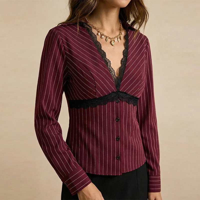Camicetta da Donna Nuova a Righe, Slim Fit, con Pizzo, Maniche Lunghe, Scollo a V, Elegante, Comoda, Casual, Snellente e Versatile