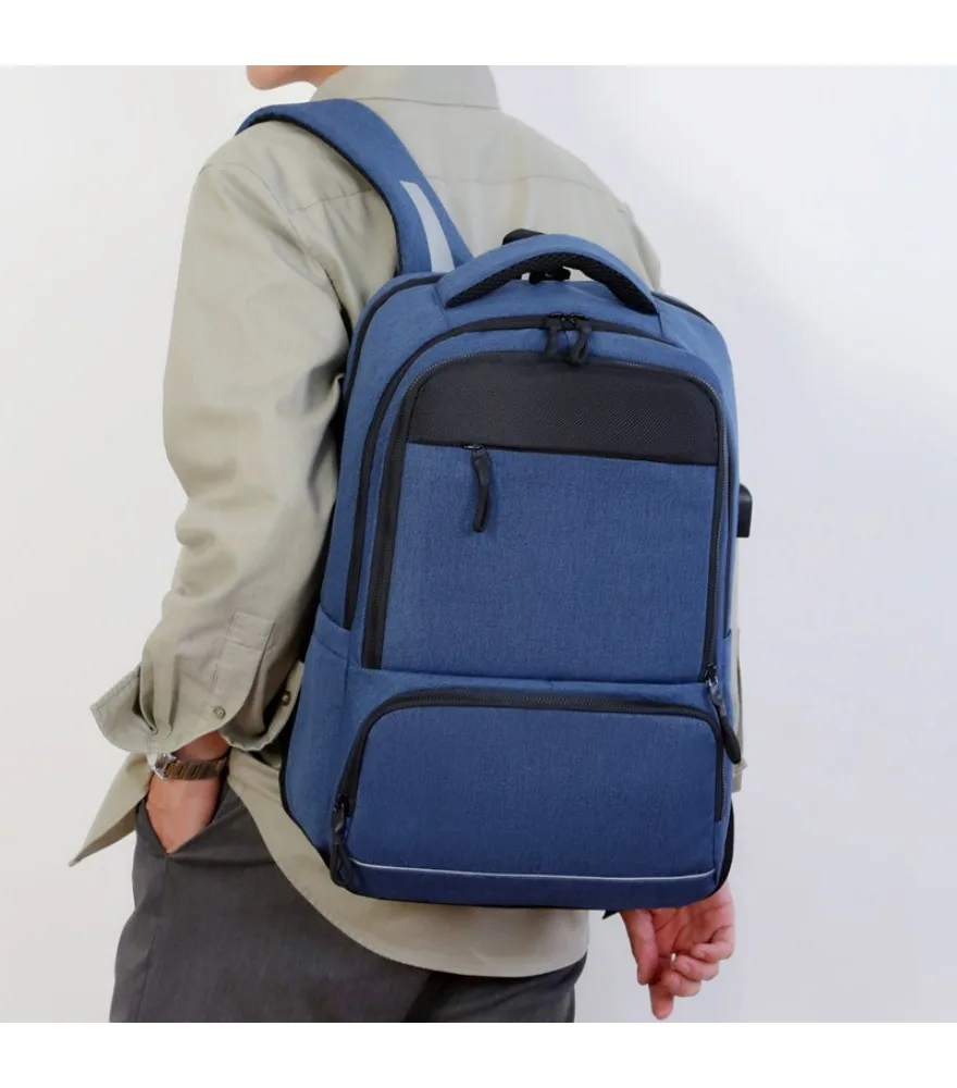 Royal blue backpack with black top mesh patch reflective bottom trim side built in USB anti splash multi pocket design