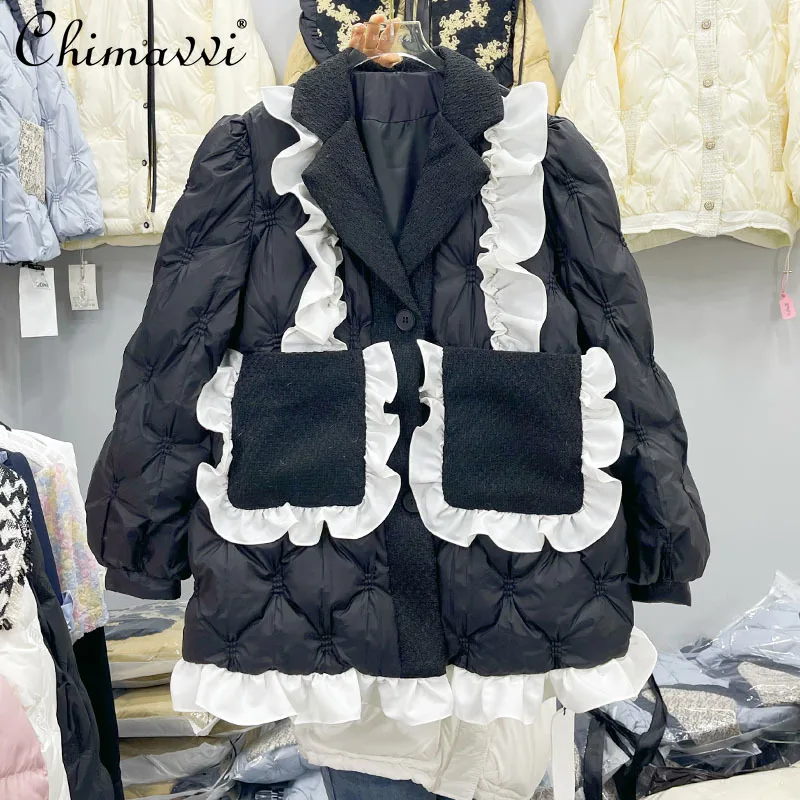 French Suit Collar Ruffle Edge Splicing Black Down Jacket Women's Winter Fashion Mid-length Thickened Warm White Duck Down Coat