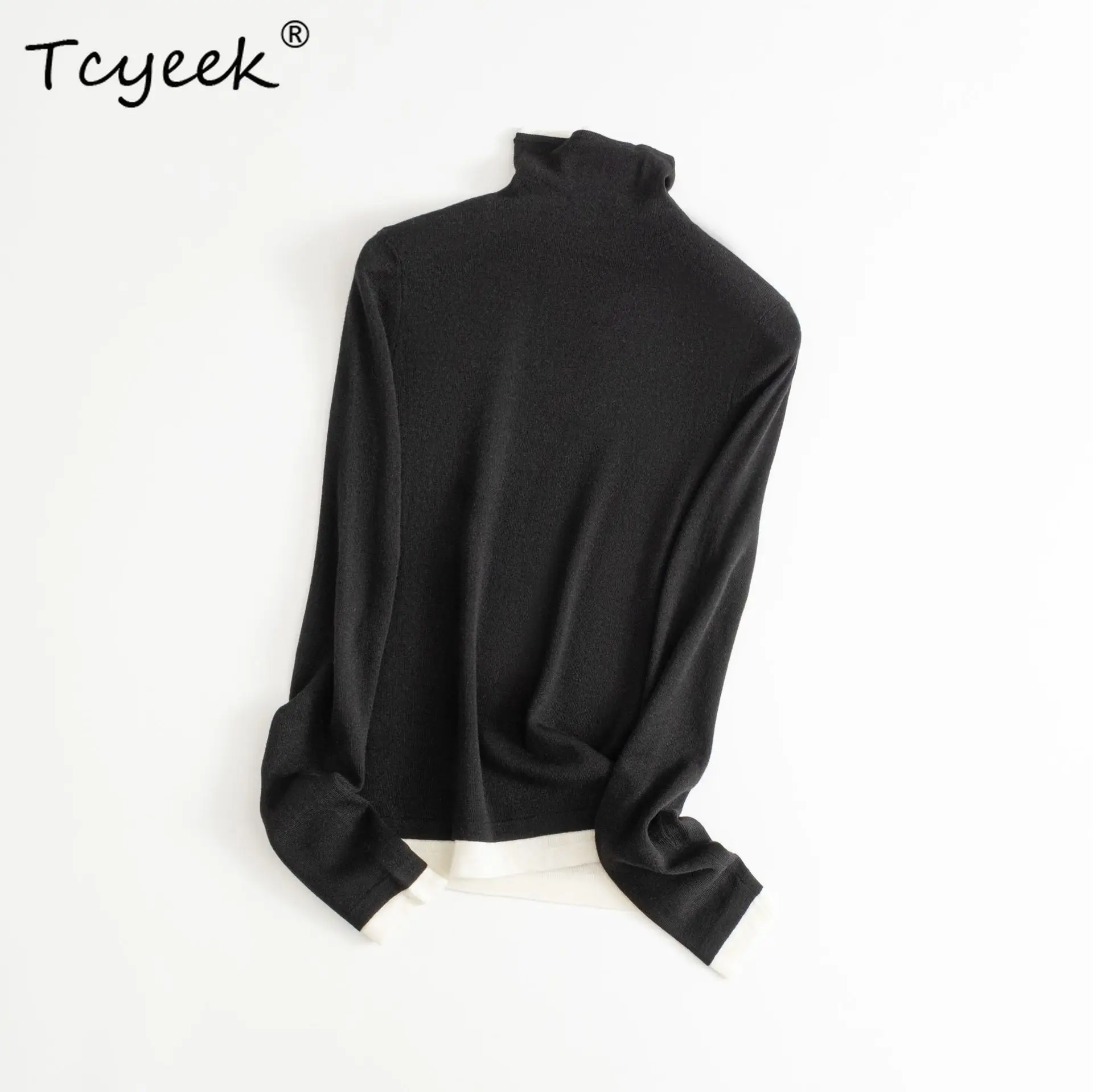 

Tcyeek, 32.4% Wool, Pullovers For Women, Turtleneck, Fake 2Pieces, Slim Fashion OL Sweaters, 2024 Autumn Winter Tops T49427QM