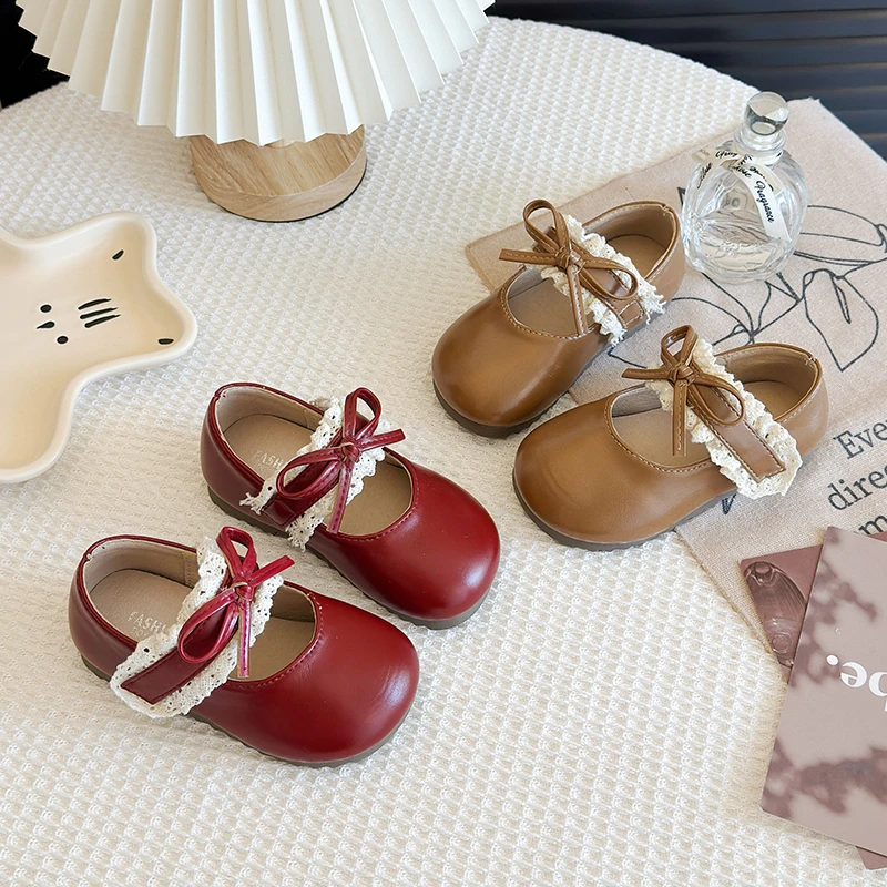 

Children's Princess Mary Jane Flats Lace Trim Bow Girls Ballet Shoes Wedding Party Non-slip Kids Leather Shoes Daily Wear Causal