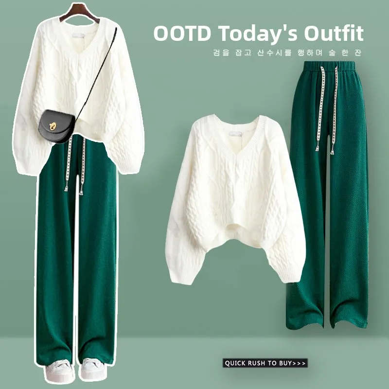 

Spring Autumn Large Size Knitted Sweater And Wide Leg Pants Women's Set Gentle Style Two Pieces Casual Fashion Ensemble