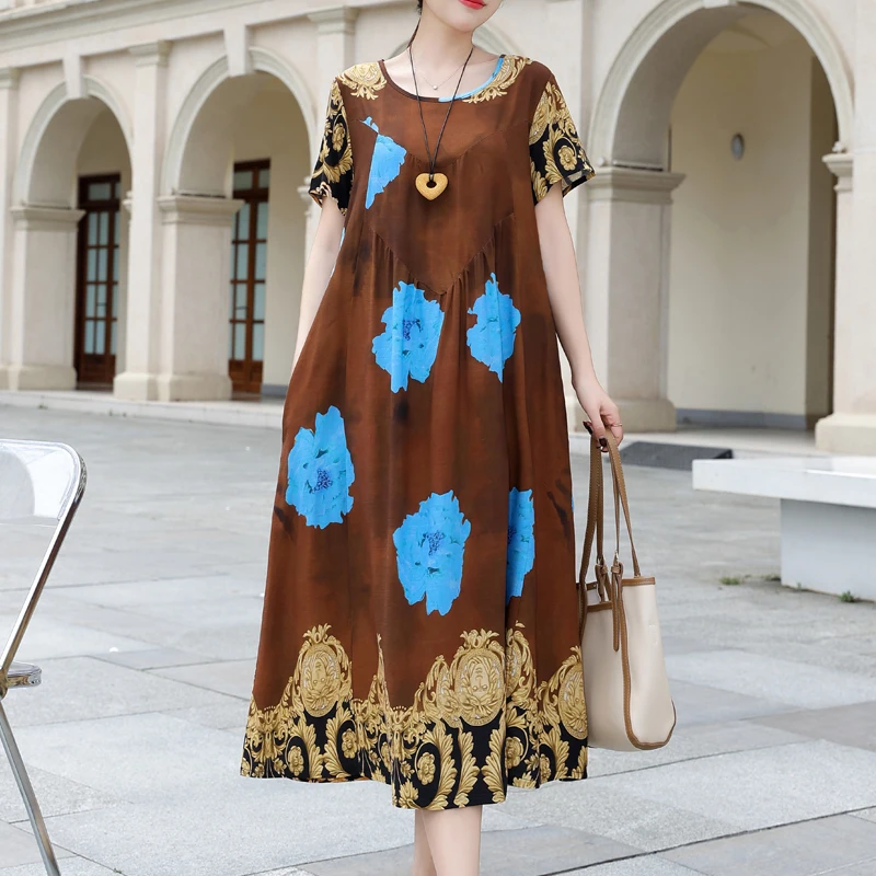 Vestidos informales de verano para mujer, ropa holgada de manga corta con cuello redondo y estampado Floral, Estilo Vintage, nueva moda