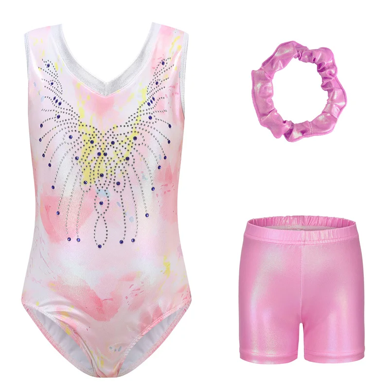 Hot Sale High Quality Kids Girls Children Shiny Sleeveless Rhinestones Gymnastics Sets Metallic Leotards with Shorts