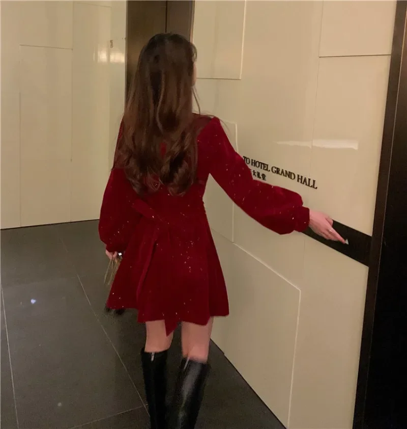 여성 스팽글 Wram 빈티지 드레스 레드 벨벳 파티 미니 드레스 Y2k 숙녀 캐주얼 한국어 우아한 a 라인 드레스 Sweet Vestidos 원피스