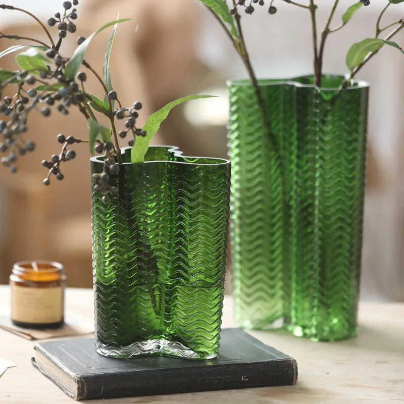 Water ripple glass vase, transparent flower arrangement, water raised lily, high and low design, green, light luxury living room