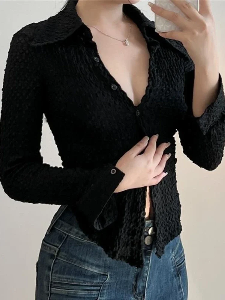 Shirts Frauen Minimalistischen Reine Täglichen Elegante Falten Frühling Mode Atmungsaktive Sun-proof Ulzzang Schlank Sexy Kreativität Damen Casual