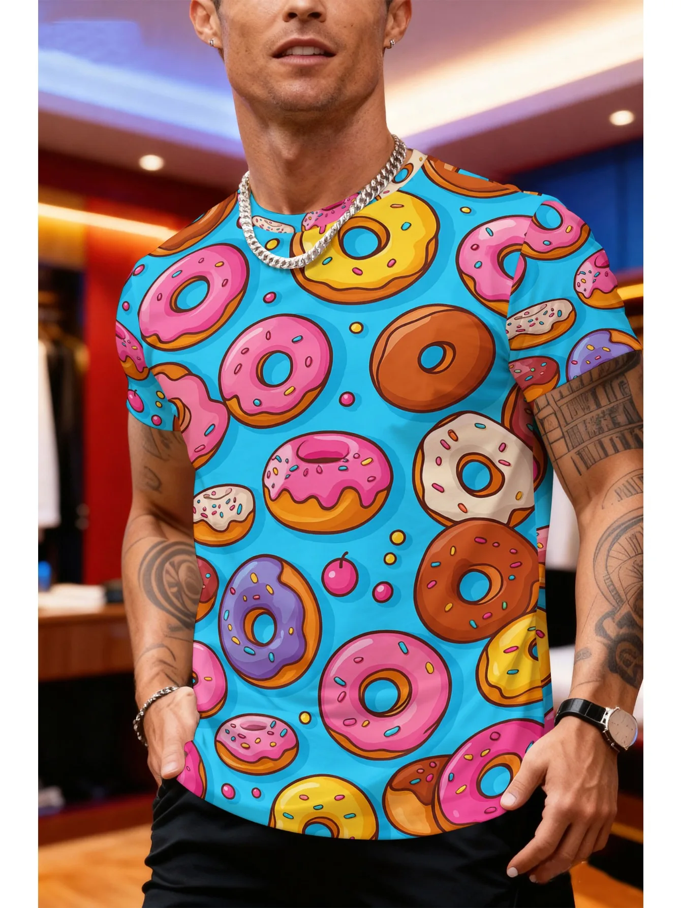 

﻿ Мужская футболка с рисунком пончика, мягкая футболка с круглым вырезом и красочным дизайном в виде пончика, пуловер, рубашка большого размера, новая футболка, мужская одежда