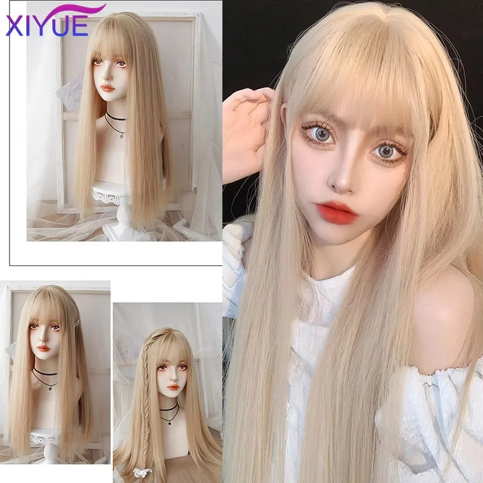 XIYUE Long Natural Wavy Platinum Blonde Wigs With Bangs Cosplay Party Lolita Synthetic Wigs for Women Heat Resistant Fiber image 2