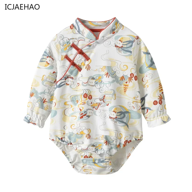 

ICJAEHAO 2024 Baby's Clothes Autumn New Chinese Dunhuang Feitian Printed Triangle Ha Clothes Boneless Buckle Climbing Outfit