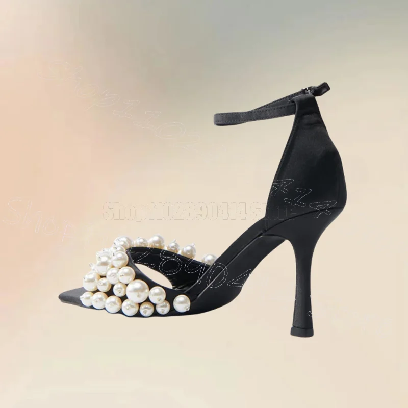 

White Pearl Design Black Open Toe Sandals Buckle Strap Women Shoes Thin High Heels Fashion Party Dating 2025 Zapatos Para Mujere