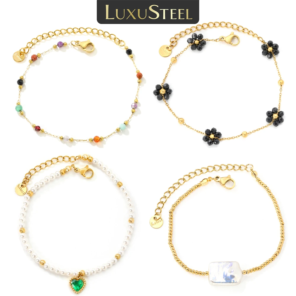 LUXUSTEEL Dainty Steel Ball Flower Stainless Steel Women Bracelet 18k Golden Plated Bead Flower Jewelry Wedding Lady's Bangles